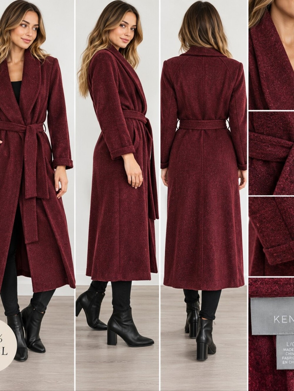 100% WOOL Women's Burgundy Shawl Collar Wrap Coat